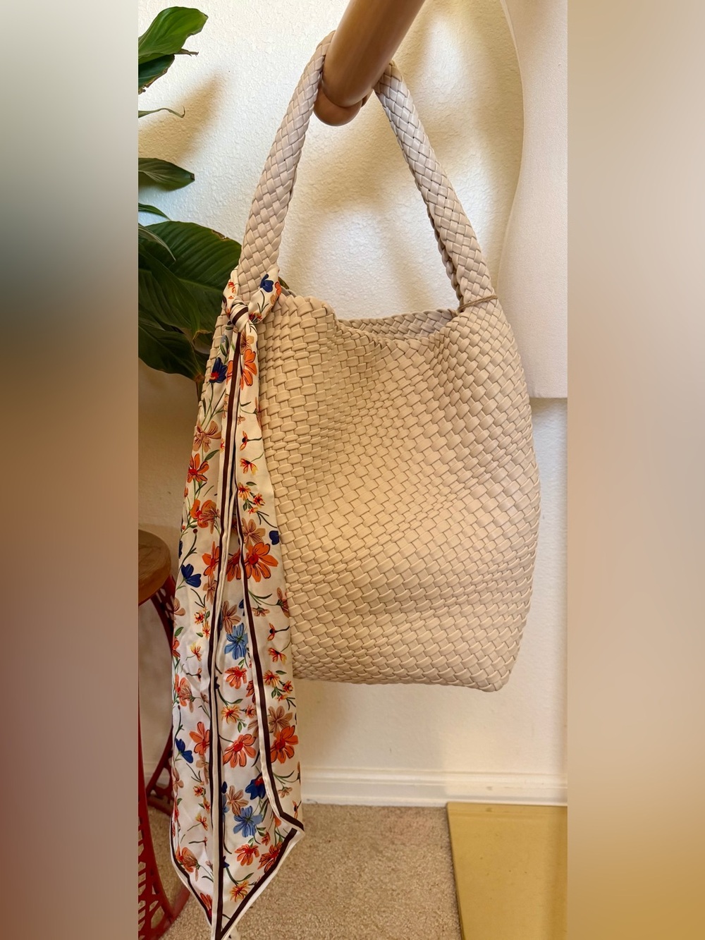 Expressions NYC- Woven Leather Tote Bag in Cream with Floral Scarf